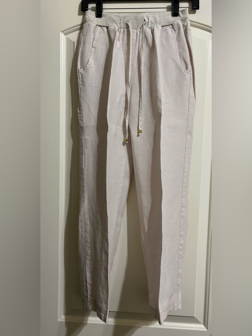 Women’s 100% Linen Tan Elastic Drawstring Waist Pull On Pants PETITE Small
